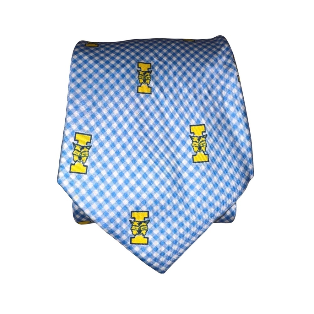Rivetz of Boston Mens Silk Gingham Mascot Tie Blue White Yellow Hand Made